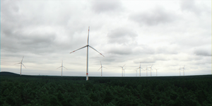 Wind turbines above the canopy of a forest in Brandenburg, Germany