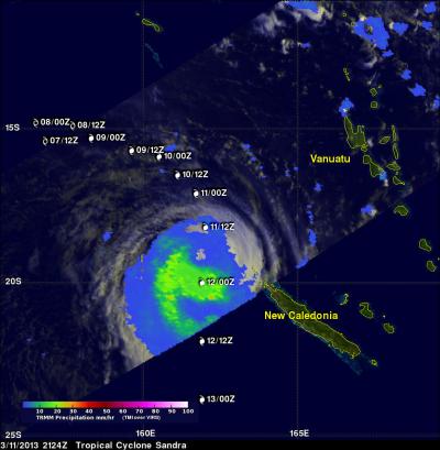 TRMM Measures Cyclone Sandra's rainfall on March 11, 2013 at 2124 UTC