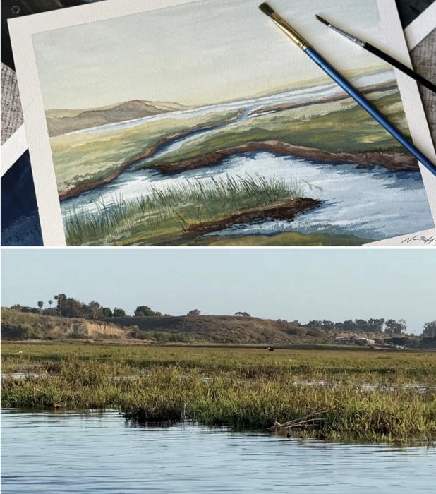 Composite: Painting and photograph of Upper Newport Bay