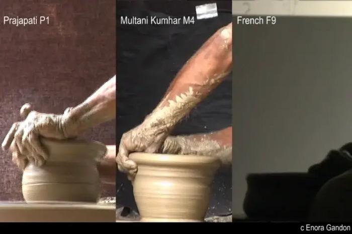 3 potters simultaneously making same vase
