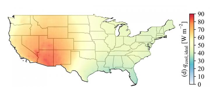 Yearly Averaged Passive Cooling Potential in Watts Per Square Meter for the Contiguous US Territory