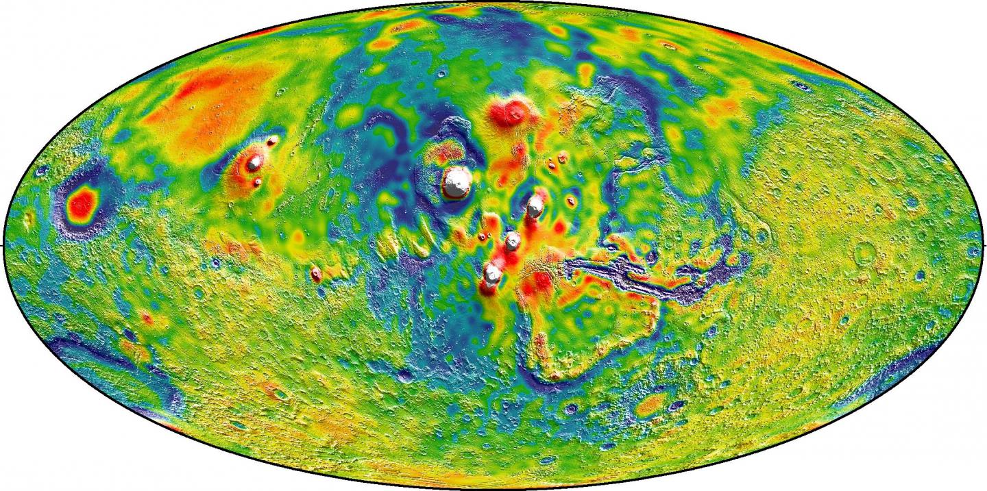 A Martian Gravity Map Showing the Tharsis Volcanoes and Surrounding Flexure