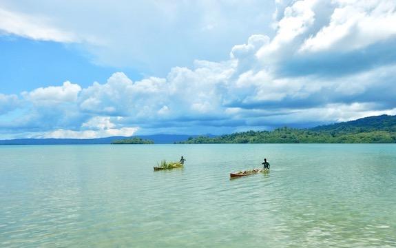 Fishers in the Solomon Islands using their canoes to transport building materials.