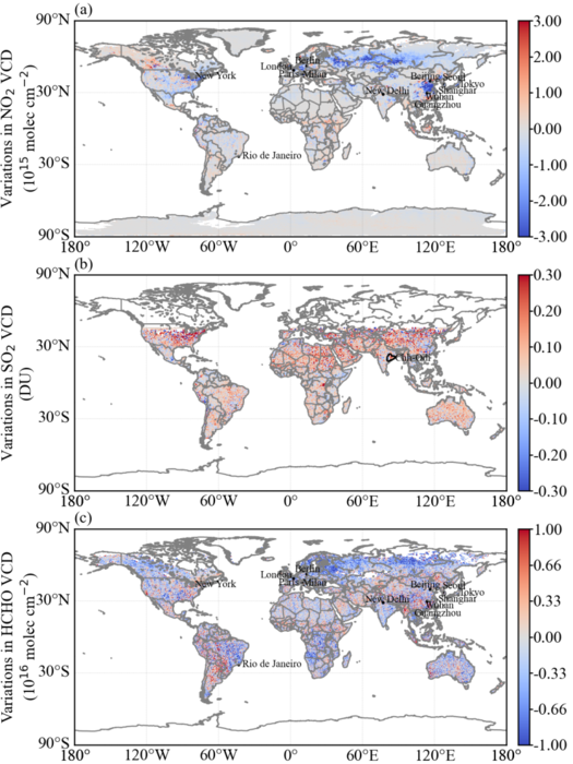 Spatial distributions of the variations in the average TVCDs of air pollutants from March 2019 to March 2020