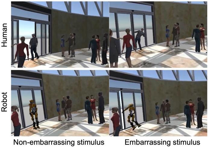 Examples of embarrassing situations where a human or robot avatar bumps into an automatic door that doesn't open, or a situation where a human or robot avatar would normally walk through and not be embarrassed