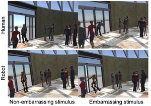 Examples of embarrassing situations where a human or robot avatar bumps into an automatic door that doesn't open, or a situation where a human or robot avatar would normally walk through and not be embarrassed