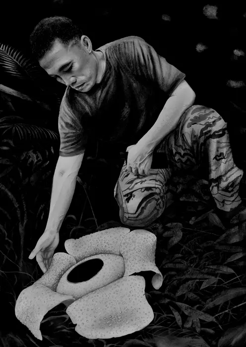 Dang Zul, Village Leader, with Rafflesia bengkuluensis.