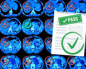 An Image of brain scans from an MRI with an overlay of a quiz that reads “pass” with a green check mark.