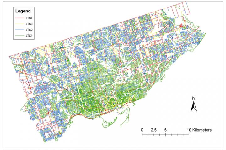 A map of Toronto's bikeway network with colours representing the route's level of stress