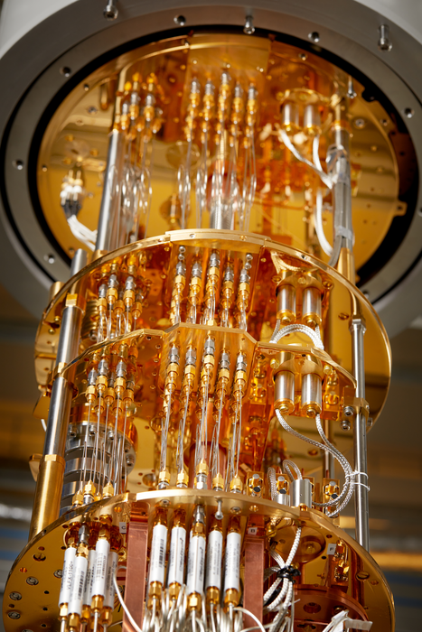 The quantum computer at Chalmers with the outer shielding of the dilution refrigerator removed