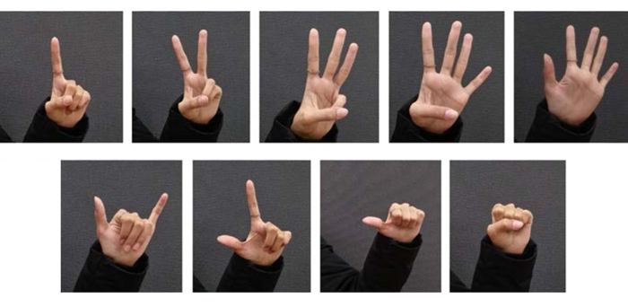 Images of the nine interactive hand gestures in the study.