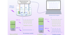 Working diagram, working mechanism, and photocurrent signal of the p-AlGaN/n-GaN based PEC UV PD under different wavelengths.