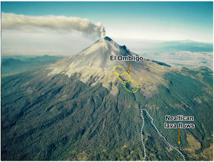 Popocatépetl volcano from the NE and the El Ombligo alignment of vents from which the Nealtican lava-flow field emanated