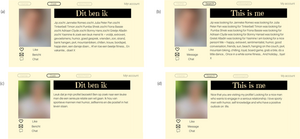 Examples of the original Dutch dating profiles used for the experiment (a, c) and their translated English versions (b, d).