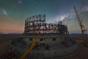 Night view of the ELT under construction atop Cerro Armazones