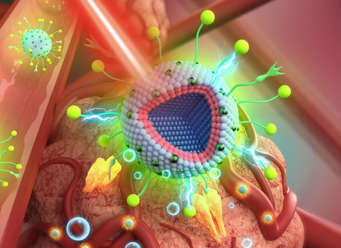 Artist's impression of applying a 20 nanometre multi-layered nanoparticle for therapy of deep cancer tissue