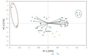 Principal component analysis (PCA) biplot for the 15 honey parameters under study.