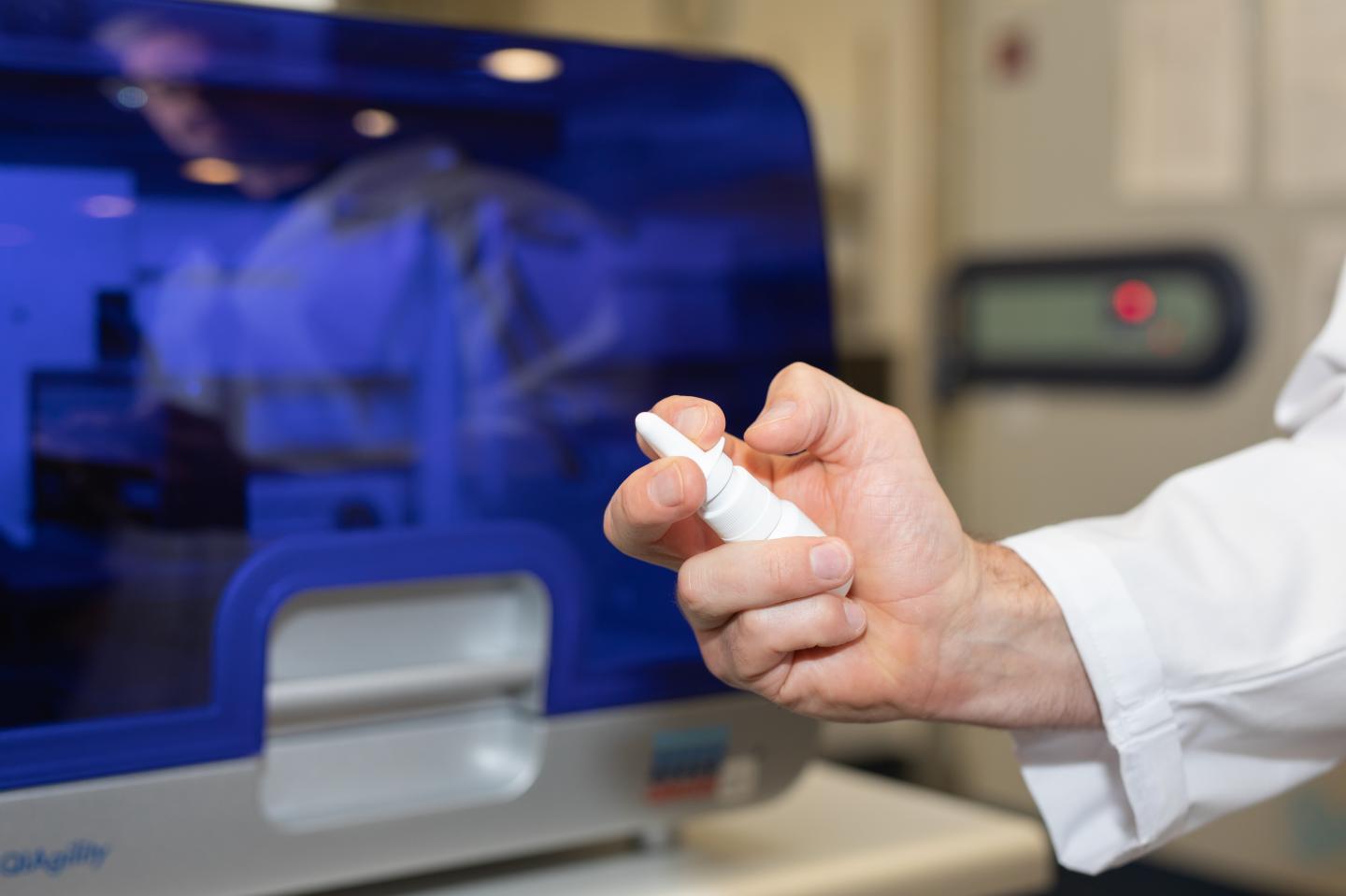 Closeup of Mockup of Immune Boosting Nasal Spray in HMRI Labs