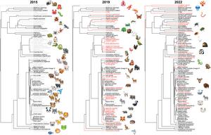 Phylogenetic trees of emojis available in 2015, 2019, and 2022