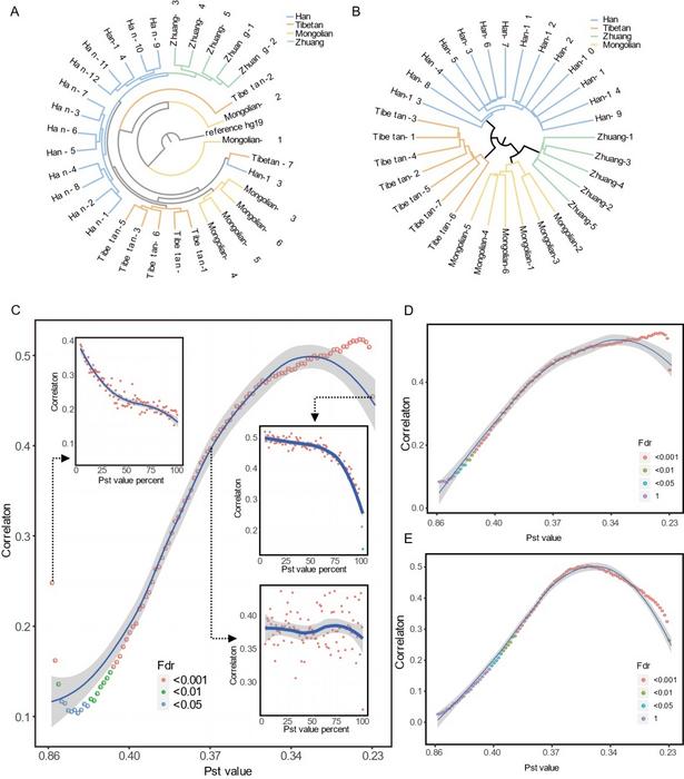 The genetic and epigenetic structure of the four ethnic populations, and the correlation of the two structures.