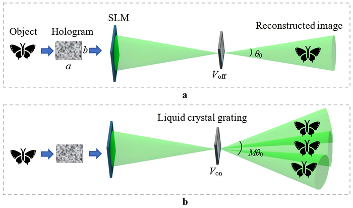 Figure 2| Principle of the wide viewing angle holographic 3D display.