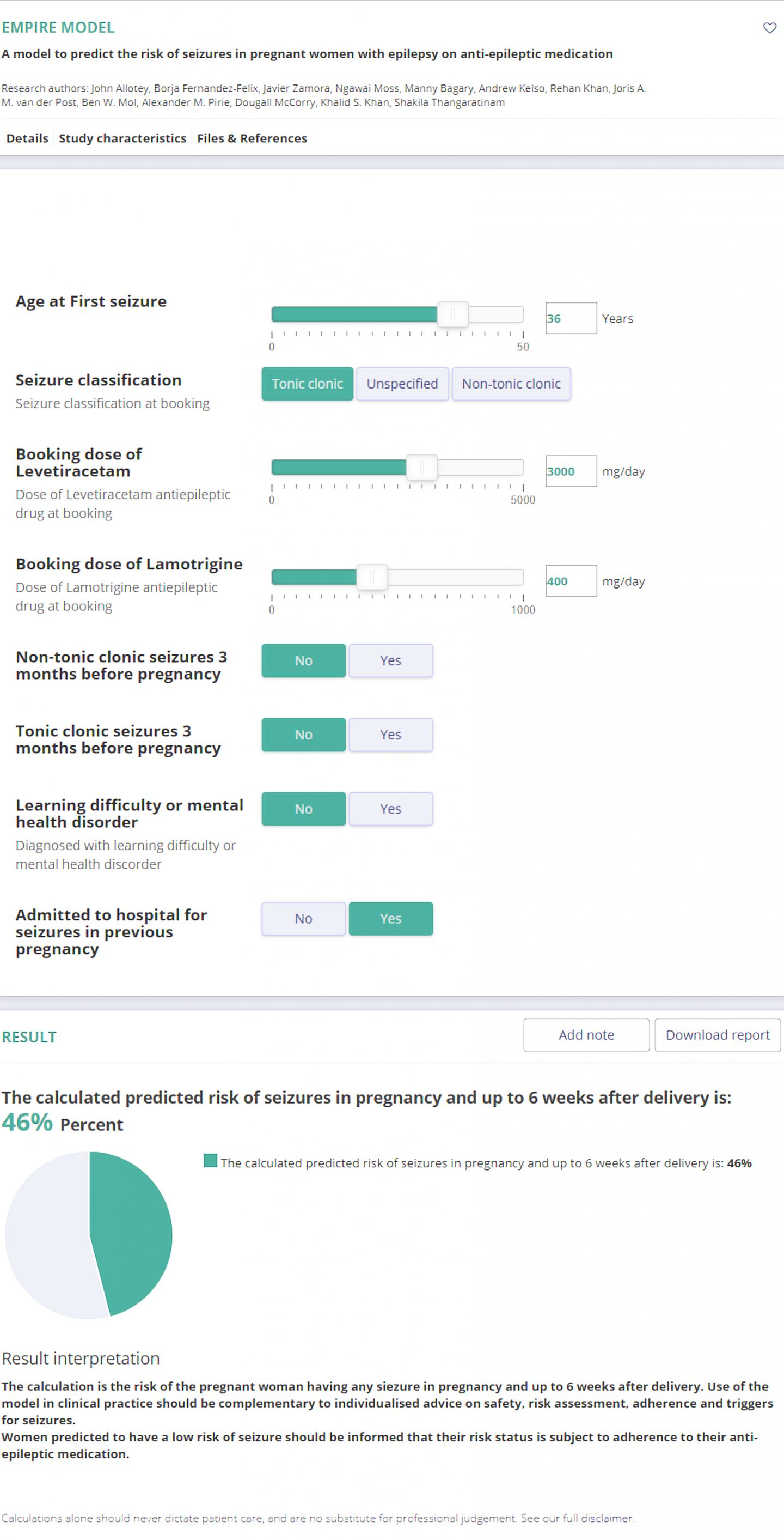 Screenshot of EMPiRE Online Risk Calculator