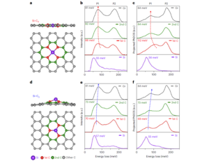 Atom-by-atom analysis of the vibrational EELS spectra in two different types of silicon-point defects in graphene.