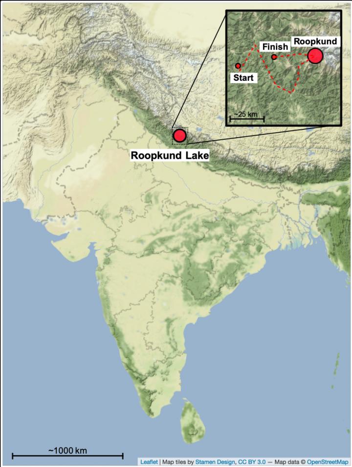 Lage des Roopkund-Sees im indischen Himalaya-Gebirge auf mehr als 5000 Metern Höhe