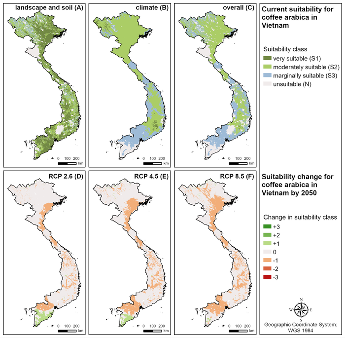 Fig 4. Current suitability and expected changes by 2050 for coffee in Vietnam.