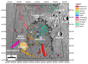 Location of the Chang’e-5 landing site, showing nearby impact craters that were examined as possible sources of exotic fragments among the recently returned lunar materials