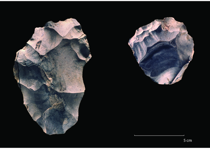 Picture of a large Levallois flake (on the left) and a Levallois core (right).