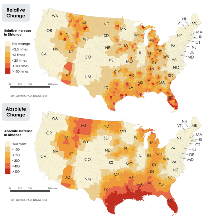 Relative change in distance to abortion care