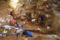 View of the excavation of the early modern human (foreground) and Neanderthal layers (background)