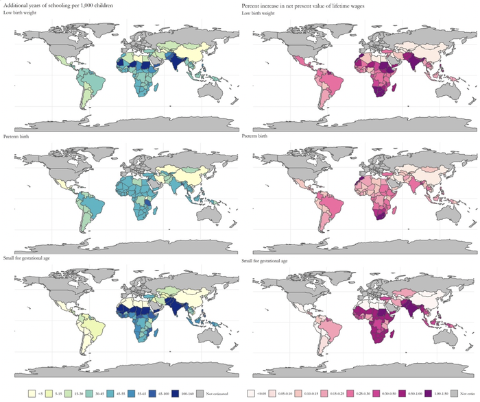 Absolute gains in schooling and relative increase in annual income by country.