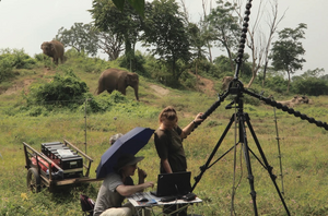 Veronika Beeck (right) and Michael Kerscher (left) are pointing the acoustic camera – an array of microphones – at the approaching elephants (in their enclosure at Tiger Tops, Nepal).