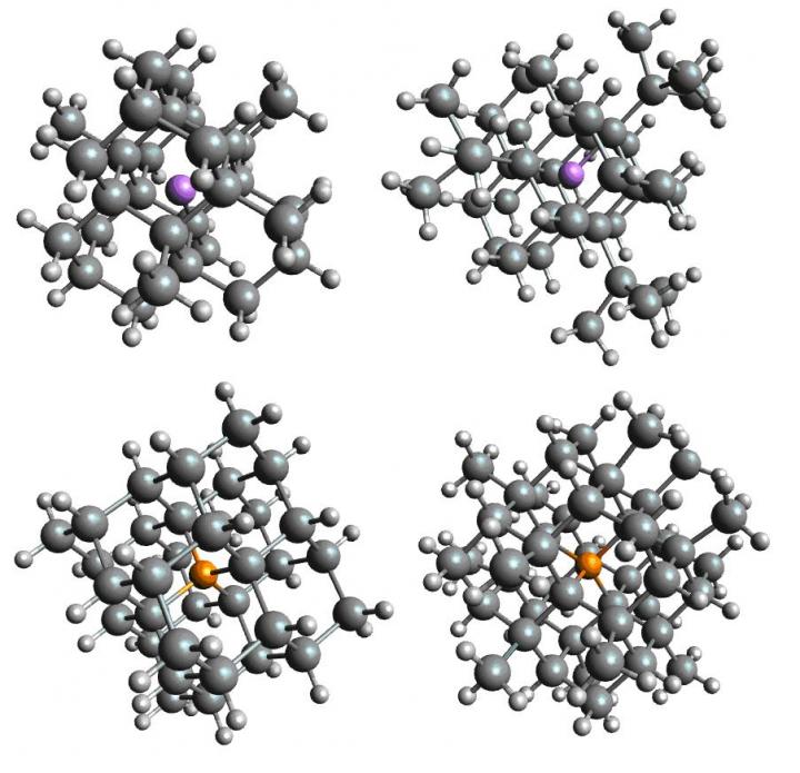 Fig. 1.  Si30H40Li nanocrystals (Top left), Si42H64Li, Si34H36P, and Si46H60P