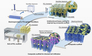 Hybrid manufacturing of composite scaffolds with 3D-printed frameworks and aligned nanofibrous architectures for directed cellular infiltration