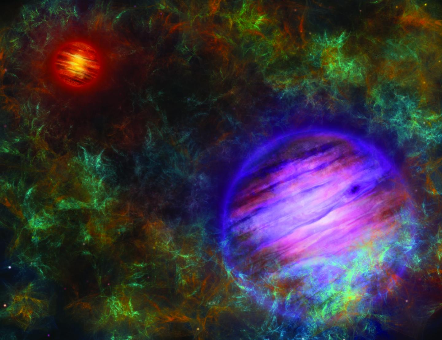 Artist's composition of the two brown dwarfs, in the foreground Oph 98B in purple, in the background Oph 98A in red.