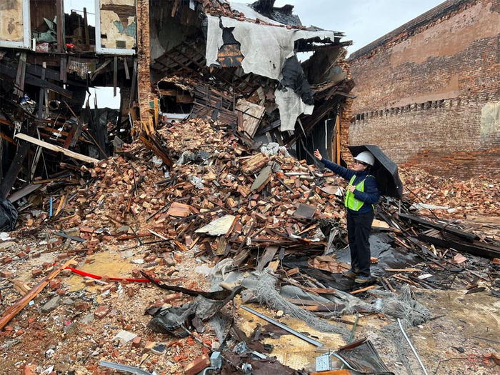 Researcher uses Tobii eye-tracking glasses to assess damages in row buildings in Mayfield, Kentucky after the region endured tornadoes