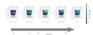 Kinetic energy maps computed from acquisitions of vocalizations at different frequencies on the same subject.