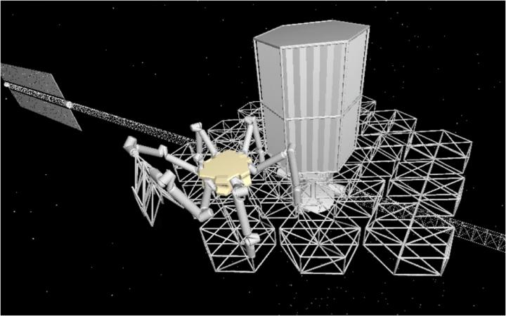 Conceptual CAD Rendering of an Assembly Robot Deploying a Truss Module