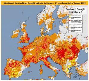 Severity of the drought occurred in Europe in the extremely hot 2022 summer heat wave.