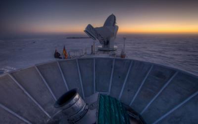 The Sun Sets Behind BICEP2 and the South Pole Telescope at NSF's Amundsen-Scott South Pole Station