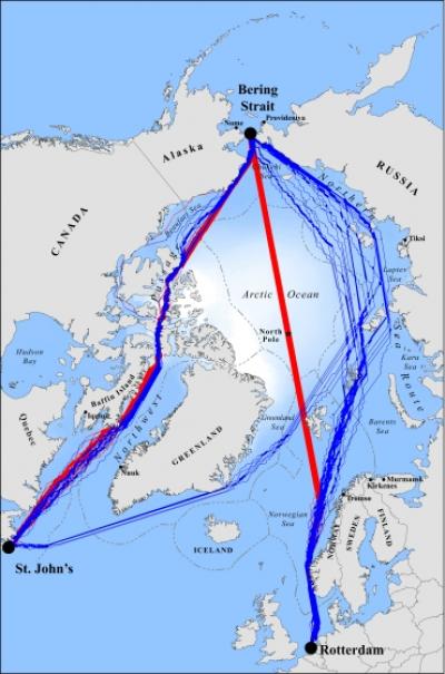 Projected Shipping Lanes through the Arctic for 2040-59