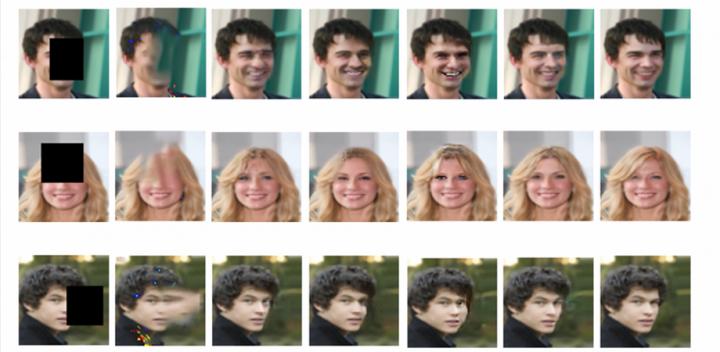 Visual comparison of semantic feature completion results for different image inpainting methods on the CelebA dataset.