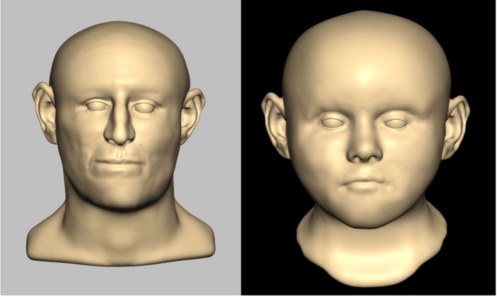 Based on the skeletal remains, scientists reconstructed the face of a male adult (left) and a child (right)