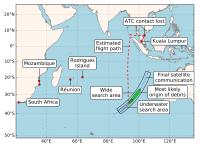 MH370 Debris Location and Most Likely Origin Compared to Current Underwater Search Area