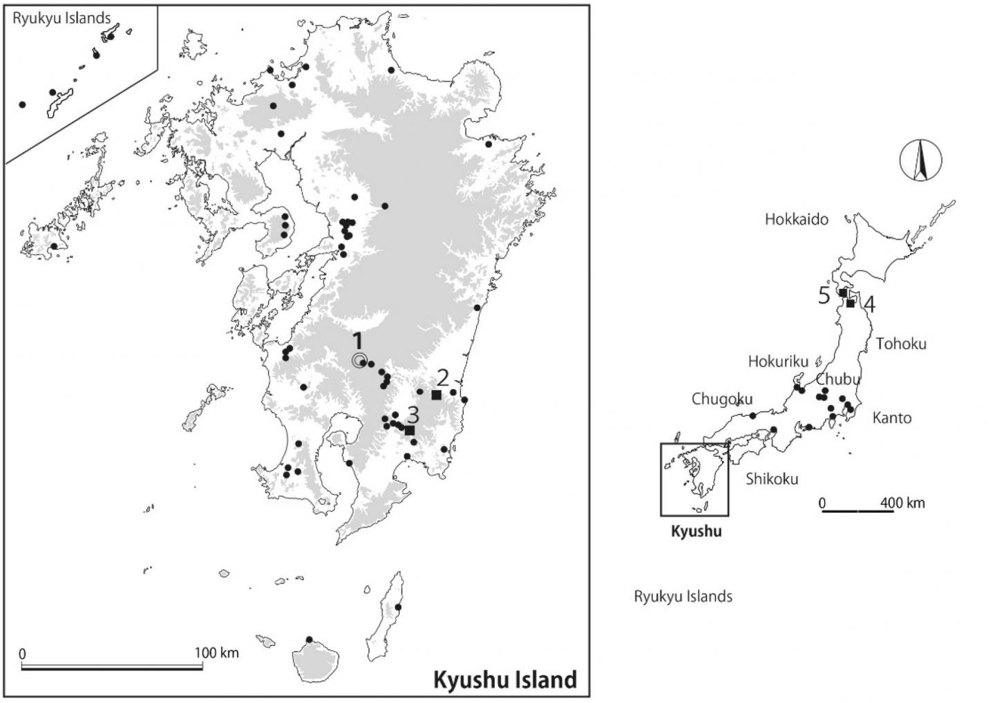 Locations of insect-infused pottery around Japan