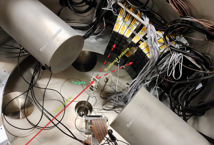 Interior of the vacuum chamber for observations of the lead nuclei oscillations, annotated.