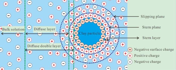 Diffuse double layer on clay particle surface.